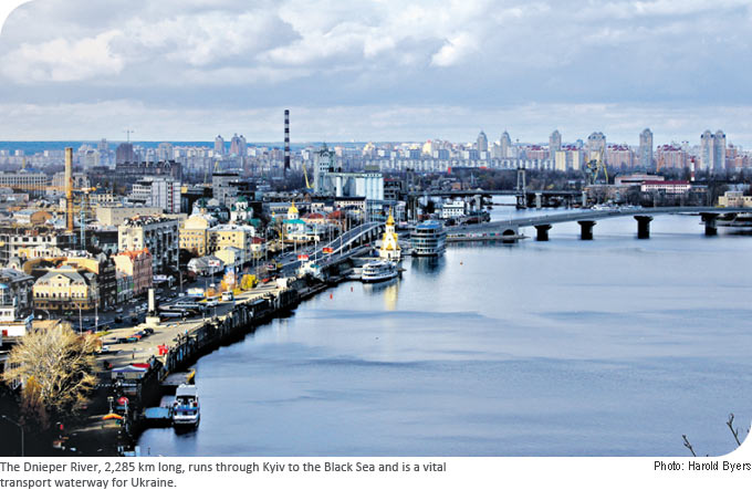 The Dnieper River, 2,285 km long, runs through Kyiv to the Black Sea and is a vital transport waterway for Ukraine.